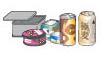 四角や丸い形の缶、缶詰の缶、飲み物の空き缶のイラスト