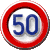 赤い外枠と白い背景、青字で速度の50が書かれた円形の「速度規制」の標識