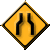 黒の外枠に黄色の背景で道路が狭くなっているシルエットが書かれたひし形の「幅員減少」の標識
