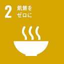 黄色に白い文字で「2、飢餓をゼロに」と書かれ、食器から湯気の出る様子を描いたイラスト