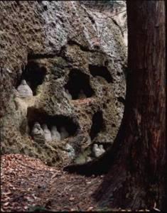 岩のくぼみにお地蔵様が置かれている籠岩地蔵の様子の写真