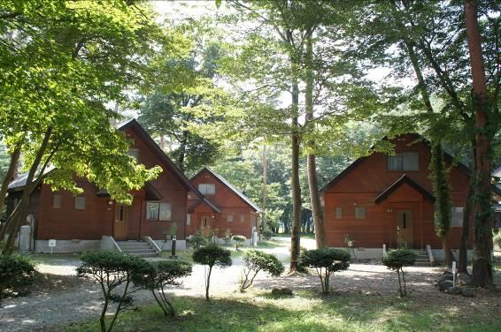 緑の木々の中に、3軒の家が建っている鳥野目コテージの写真