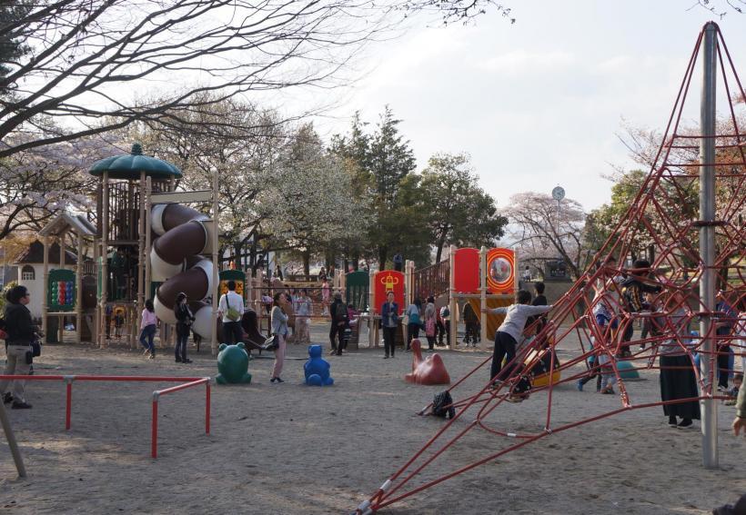 カラフルな遊具で遊ぶ人々を映した烏ヶ森公園全景写真