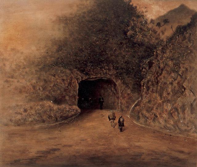 人々がトンネルに入っていく様子を描いた栗子山隧道の絵