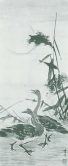 よしの原に友を呼ぶ2羽の雁が描かれている「よしに雁図(かりず)」の絵の写真