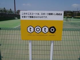 くろいそ運動場第1テニスコートの外縁に設置された、スポーツ振興くじの標識の写真。標識には「このテニスコートは、スポーツ振興くじ助成金を受けて整備されたものです」と書かれているのが確認できる
