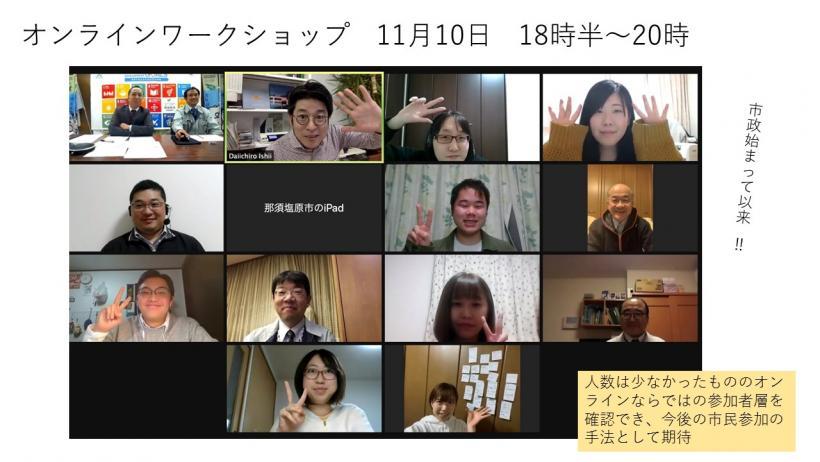 オンラインワークショップ 11月10日、18時半～20時 一つの画面に沢山の人がリモートで顔を写して参加している様子の写真