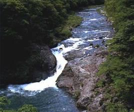 木々に囲まれ、岩と岩の間で箒川の水が流れ落ちてゆく布滝の写真