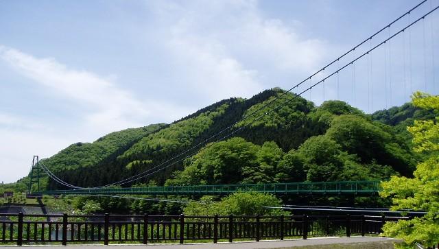 売店「森林の駅」側より撮影された、もみじ谷大吊橋の全景の写真
