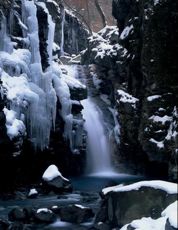 冬期における雄飛の滝の全景写真。岩肌には所々に雪が積もっており、滝の一部は凍ってツララができているのが確認できる